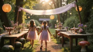 Magical Fairy Birthday Party: Enchanting Celebration Guide A magical twilight garden party adorned with paper lanterns and fairy lights, featuring vintage wooden tables with moss and wildflowers, children in whimsical costumes dancing around toadstools, and dreamy bokeh effects.