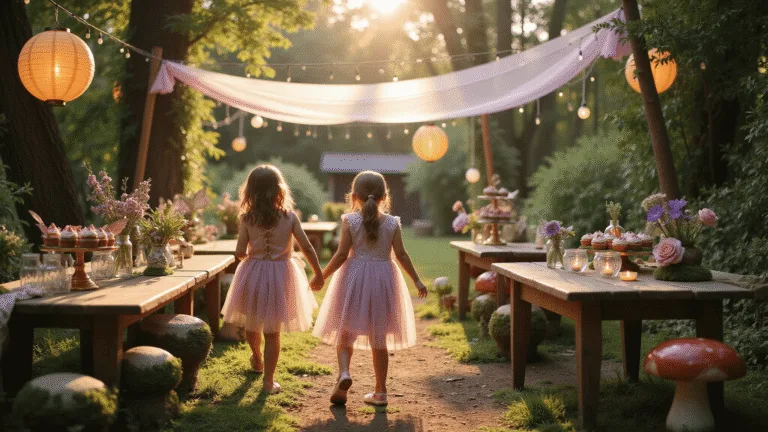 Magical Fairy Birthday Party: Enchanting Celebration Guide A magical twilight garden party adorned with paper lanterns and fairy lights, featuring vintage wooden tables with moss and wildflowers, children in whimsical costumes dancing around toadstools, and dreamy bokeh effects.