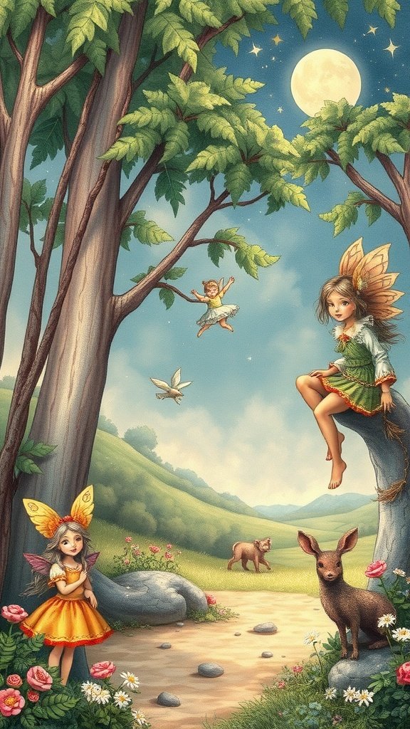 50 Stunning Coquette Wallpaper Designs to Transform Your Space Fairy tale scene with fairies, trees, animals, and flowers in a magical forest setting