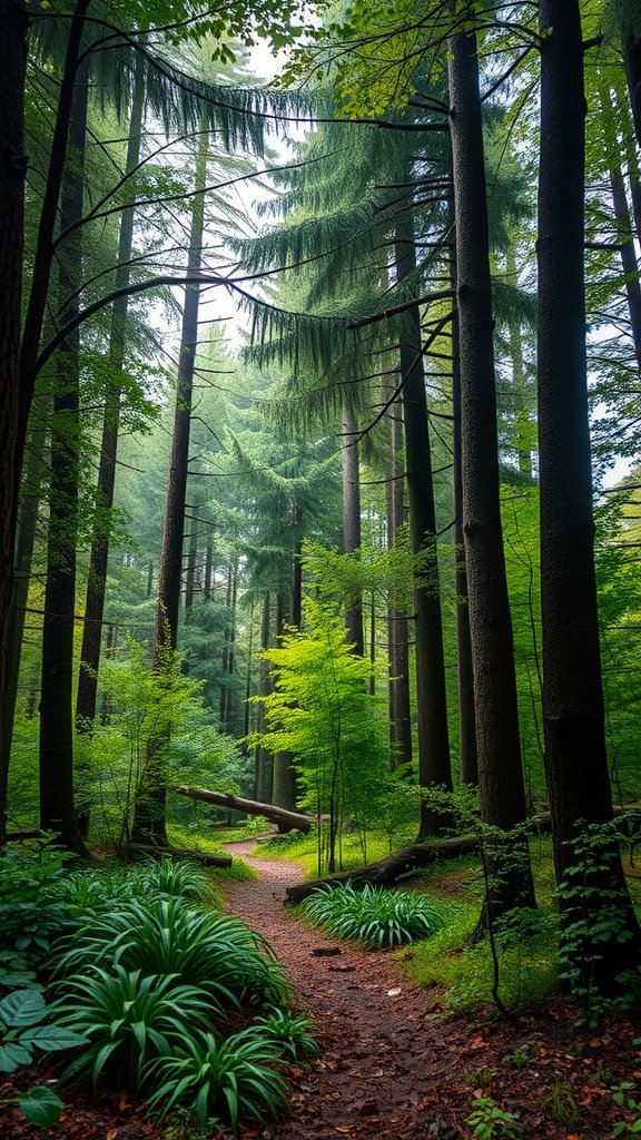 50 Stunning Coquette Wallpaper Designs to Transform Your Space A serene forest with tall trees and a winding path, illuminated by soft light.