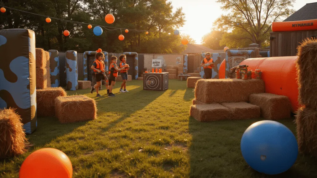 Ultimate Guide to Nerf Birthday Party Ideas: Create an Epic Battle Celebration! A vibrant backyard Nerf party battlefield at golden hour, featuring tactical cardboard bunkers, inflatable obstacles, and hay bales, with kids in safety gear engaged in gameplay surrounded by snacks and activity stations, all under string lights and decorated with colorful balloons.