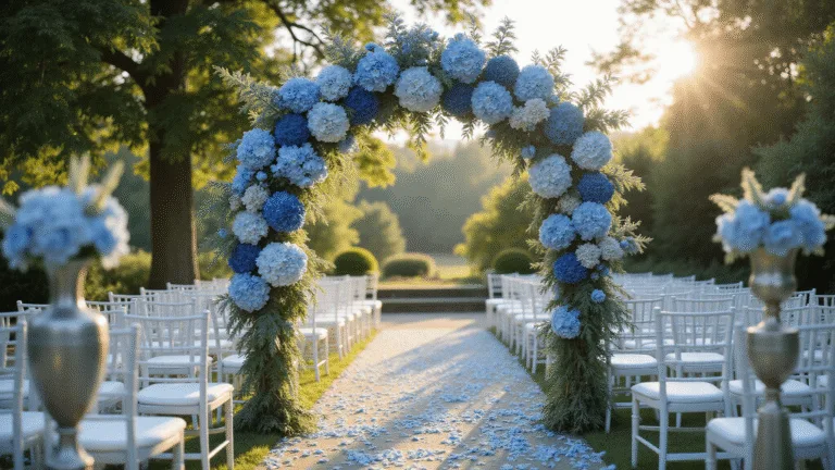 Blue Wedding Flowers: Your Ultimate Style Guide to Serene & Stunning Blooms A breathtaking wide-angle view of a sunlit garden wedding ceremony, showcasing a dramatic floral arch of cascading blue delphiniums, hydrangeas, and thistles under ethereal lighting, with white garden chairs lined along a rose petal aisle.