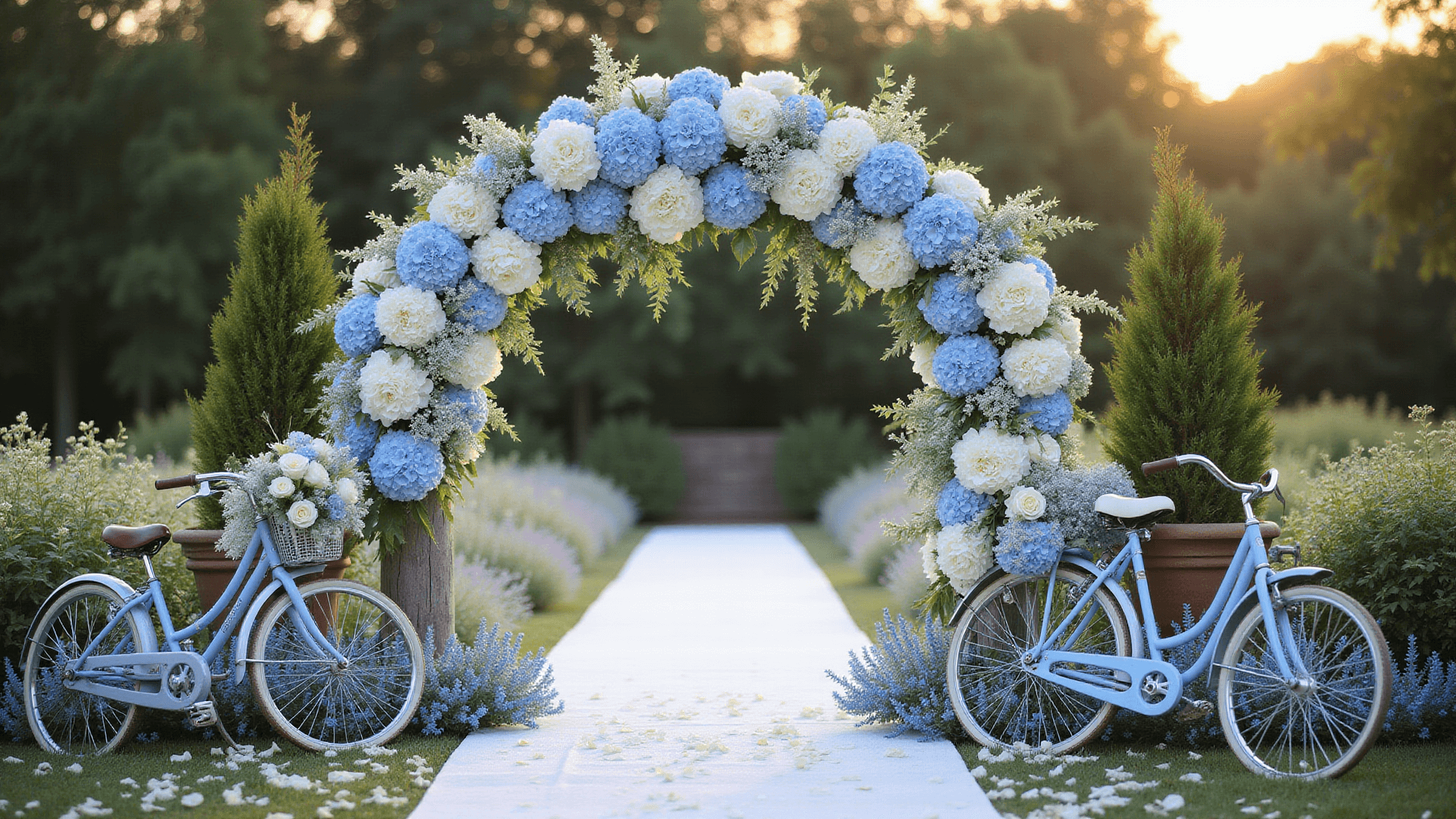 A luxurious garden wedding setup featuring a floral arch with powder blue hydrangeas and white garden roses, framed by a white-carpeted aisle with rose petals and muscari blooms, alongside a vintage blue bicycle adorned with white lisianthus, all bathed in warm golden hour light.