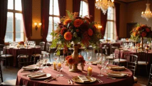 October Fall Wedding Flowers: Your Ultimate Guide to Seasonal Botanical Bliss A luxurious autumn wedding reception in a grand ballroom, featuring a dramatic floral centerpiece of deep burgundy dahlias and burnt orange chrysanthemums, illuminated by soft natural light from large windows and elegant crystal chandeliers, with round tables dressed in silk burgundy linens and gold accents.