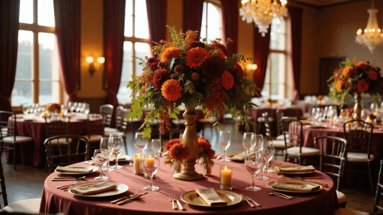 October Fall Wedding Flowers: Your Ultimate Guide to Seasonal Botanical Bliss A luxurious autumn wedding reception in a grand ballroom, featuring a dramatic floral centerpiece of deep burgundy dahlias and burnt orange chrysanthemums, illuminated by soft natural light from large windows and elegant crystal chandeliers, with round tables dressed in silk burgundy linens and gold accents.