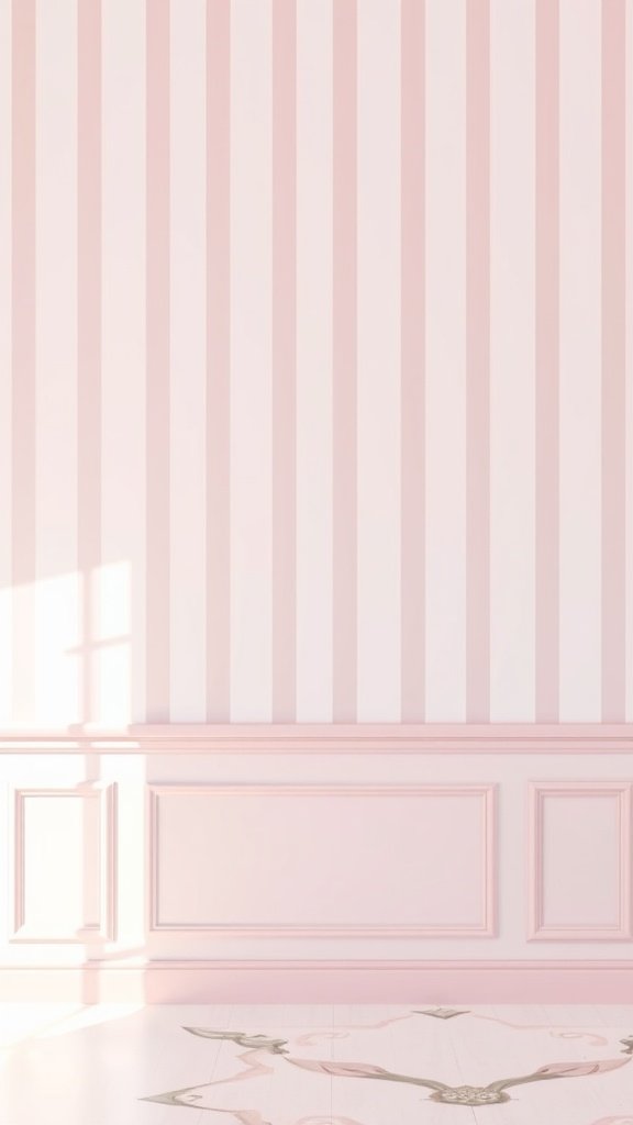 50 Stunning Coquette Wallpaper Designs to Transform Your Space A soft pink striped wallpaper with wainscoting, creating a feminine and elegant vibe.