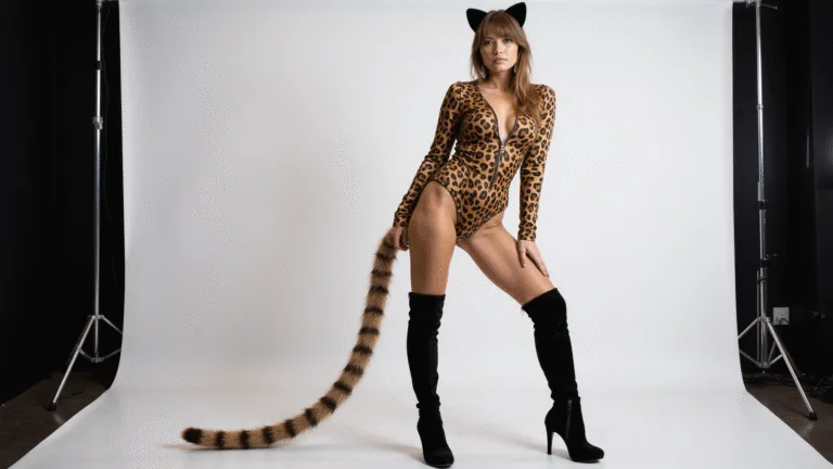 The Ultimate Guide to Rocking a Fierce Leopard Halloween Costume (That Actually Looks Good!) A model poses in a luxurious leopard print bodysuit with black knee-high boots, velvet cat ears, and a spotted tail against a white backdrop, illuminated by soft studio lighting that enhances the costume's rich textures.