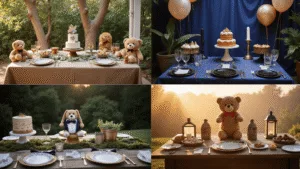15 Adorable First Birthday Party Ideas for Boys: A Complete Celebration Guide A high-resolution collage of four first birthday party themes: "Wild One Safari Adventure" with jungle elements, "Space Explorer" with deep blue and metallic accents, "Mr. Onederful" in black and white decor, and "Woodland Bear" with rustic touches, all shot in cinematic style.