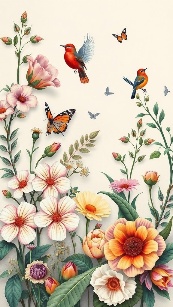 50 Stunning Coquette Wallpaper Designs to Transform Your Space Floral and fauna wallpaper featuring colorful flowers and birds
