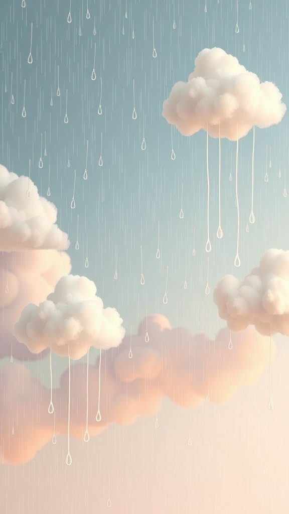 50 Stunning Coquette Wallpaper Designs to Transform Your Space A dreamy scene with fluffy clouds and hanging raindrops against a pastel sky.