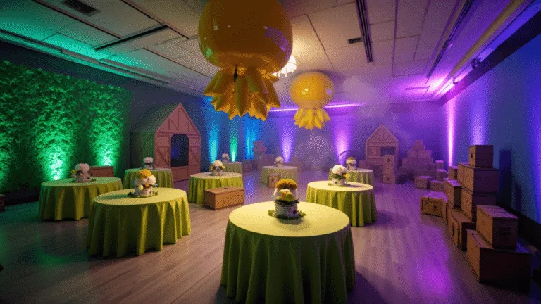 Epic Fortnite Birthday Party Ideas: Transform Your Celebration into a Battle Royale Bash! A cinematic wide-angle shot of a vibrant Fortnite-themed birthday party with colorful LED uplighting, a giant Battle Bus balloon, decorated tables, and gaming memorabilia, all captured during golden hour.