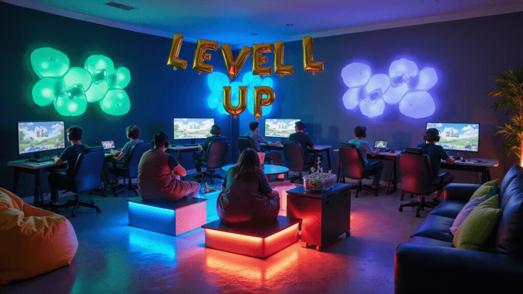 Epic Boys' Birthday Party Ideas: The Ultimate Guide to Unforgettable Celebrations A vibrant gaming paradise birthday party featuring multiple gaming stations with 4K screens, sleek chairs, colorful bean bags, and floating holographic "LEVEL UP" balloons, all illuminated by RGB LED lighting and showcasing Minecraft-themed snacks. Young gamers are engaged in multiplayer activities in a modern living room setting.