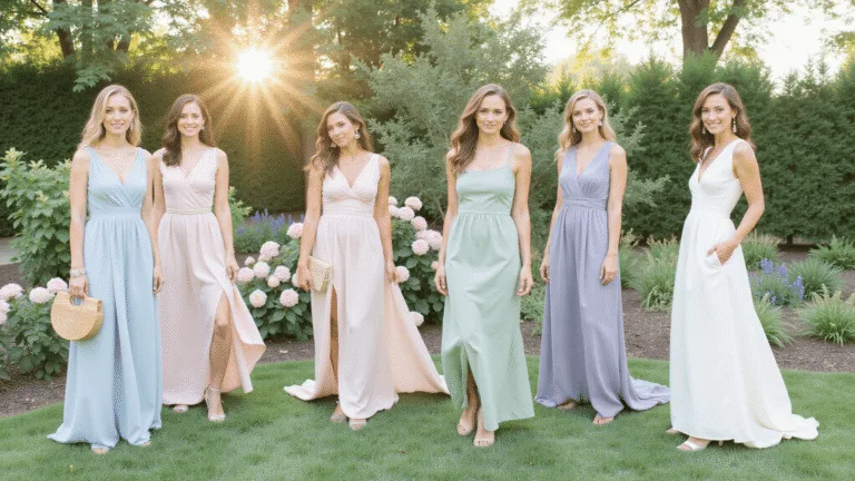 What to Wear to a Garden Wedding: Your Ultimate Guest Dress A dreamy garden wedding fashion showcase featuring models in soft pastel dresses surrounded by blooming flowers, styled with block heels and pearl accessories in warm, dappled sunlight.