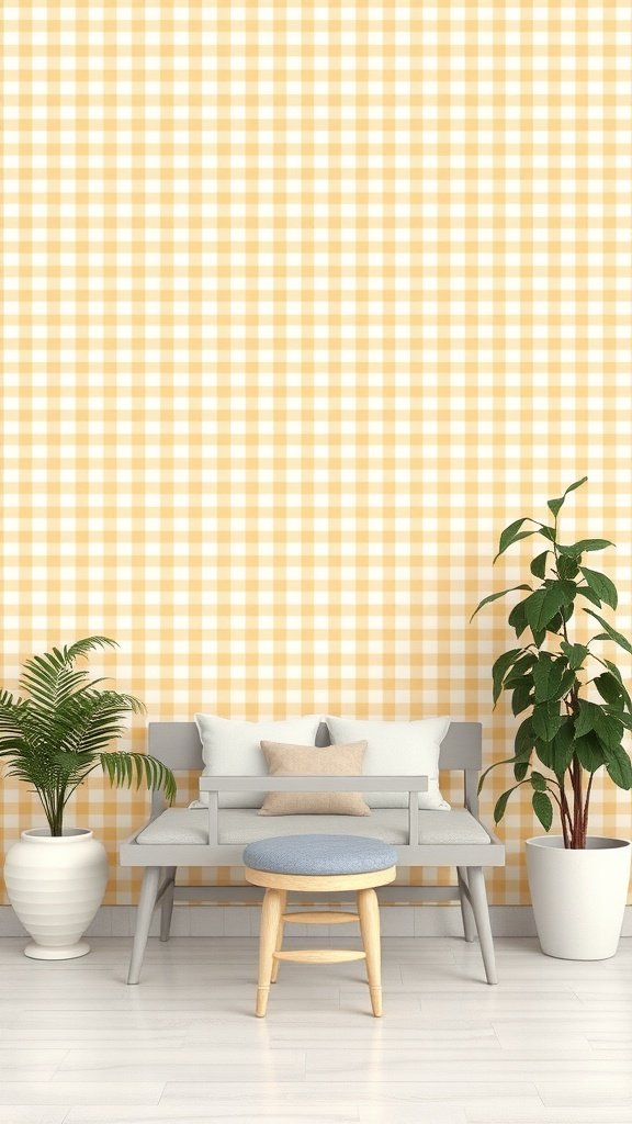 50 Stunning Coquette Wallpaper Designs to Transform Your Space A cozy interior featuring yellow and white gingham wallpaper, a gray bench with cushions, a blue stool, and indoor plants.