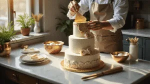 GOLDEN WEDDING ANNIVERSARY CAKE A luxurious three-tier wedding cake preparation in a sunlit kitchen, featuring organized ingredients, a vintage KitchenAid mixer, edible gold leaf, and a professional pastry chef applying gold leaf with precision, captured in hyperrealistic detail.