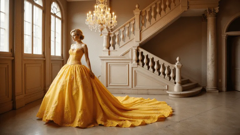 The Ultimate Guide to Rocking a Belle Halloween Costume (That'd Make Even Gaston Jealous!) A marigold yellow ball gown with layered fabric and subtle shimmer, displayed in an elegant castle ballroom under a crystal chandelier, with a grand marble staircase in the background.