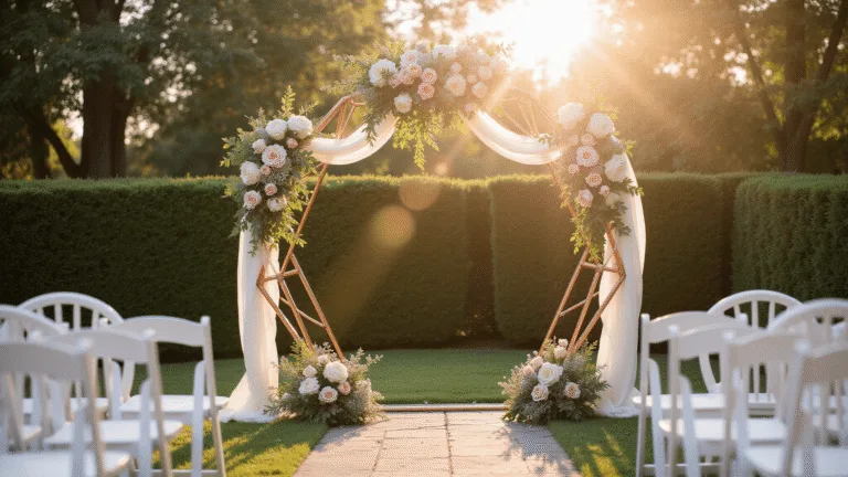 Hexagon Wedding Arch: The Ultimate Guide to Creating a Stunning Ceremony Backdrop A stunning hexagon wedding arch adorned with cascading floral arrangements at golden hour, featuring a copper-rose frame and sheer ivory chiffon, set in a lush garden with rose petals and white Chiavari chairs.