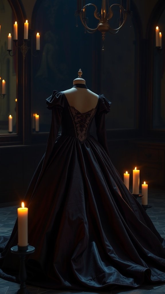 30 Stunning Ball Gowns for Your Next Formal Event A black gothic ball gown displayed in a dimly lit room surrounded by candles.