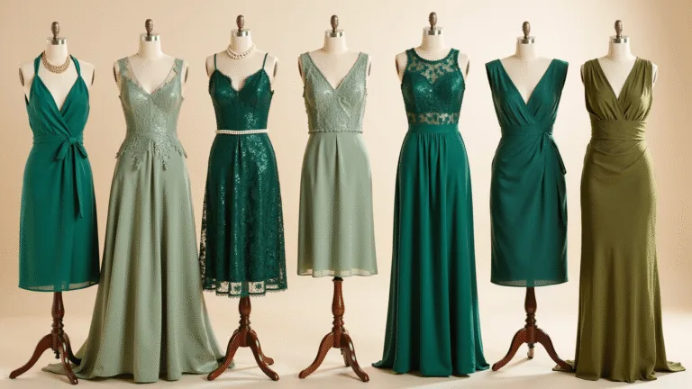 10 Stunning Green Wedding Guest Dresses (And How to Rock Them!) A collection of elegant green dresses in various fabrics displayed on mannequins against a cream backdrop, with gold and pearl accessories, showcased in natural light highlighting textures and details.