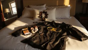 The Ultimate Men's Halloween Costume for 2025: Easy to Epic Ideas Stylish bedroom during golden hour featuring a full-length mirror reflecting Halloween costumes, including a leather jacket, superhero cape, and zombie makeup kit, arranged on a neatly made bed with dramatic shadows and light rays enhancing the textures.