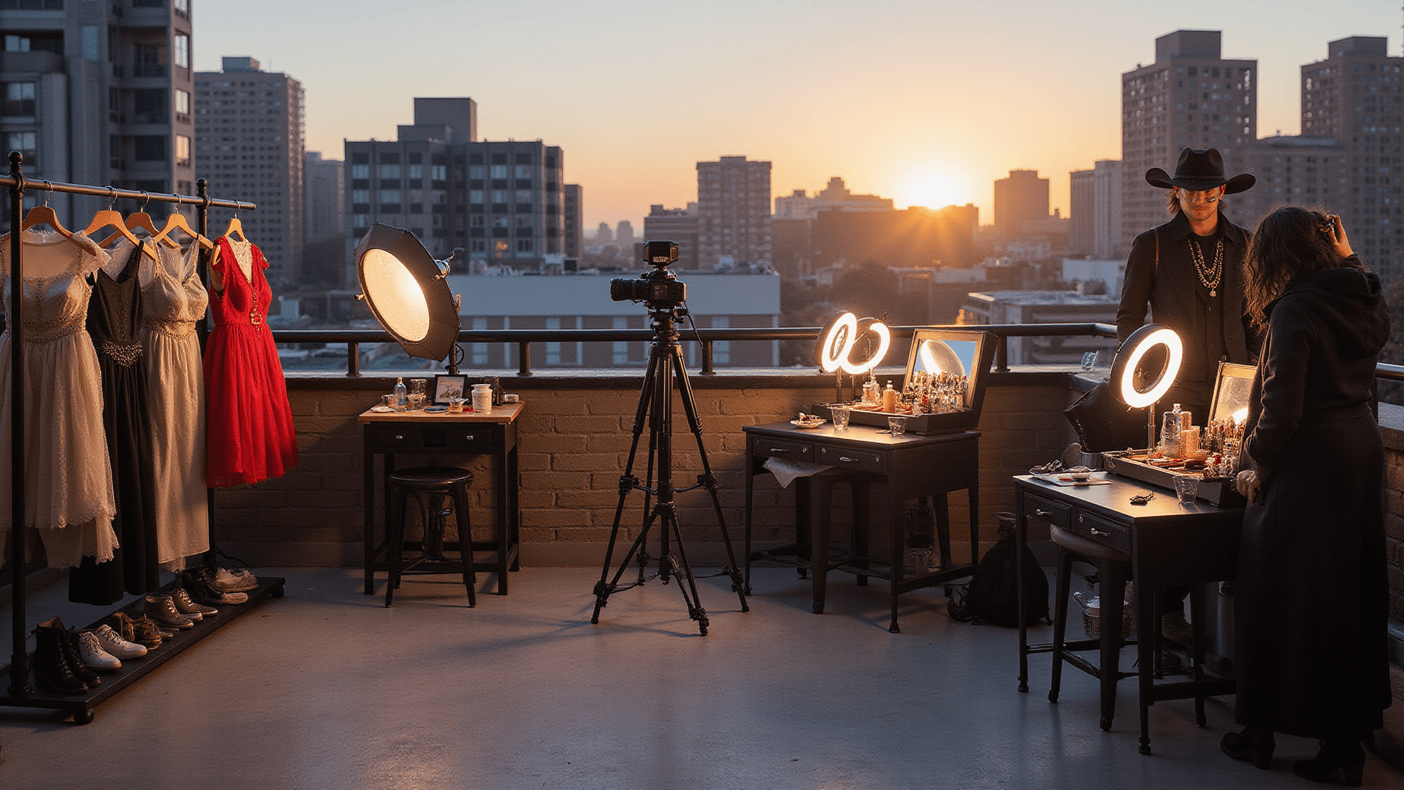 Professional photography setup on a rooftop terrace during golden hour, showcasing Halloween costumes on elegant racks, professional lighting, makeup stations with ring lights, spooky props, warm ambient lighting, and a cityscape backdrop.