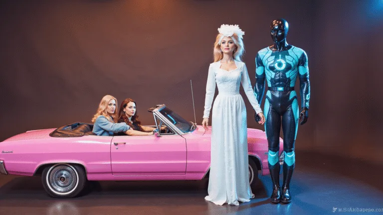 The Ultimate Couples Halloween Costume for 2025 A vibrant collage of Halloween couples costumes, featuring Barbie and Ken in a pink convertible, a Victorian ghost couple in ethereal white, and a futuristic AI-human duo with neon accents, all captured in dramatic studio lighting with a warm vintage filter and modern technological elements.