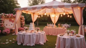 How to Throw the Ultimate Hello Kitty Birthday Party: A Complete Guide A whimsical Hello Kitty garden party at golden hour, featuring a pink and white striped canopy tent, pastel flower centerpieces, a three-tiered cake, and floating balloons, all captured in soft focus with bokeh effects.