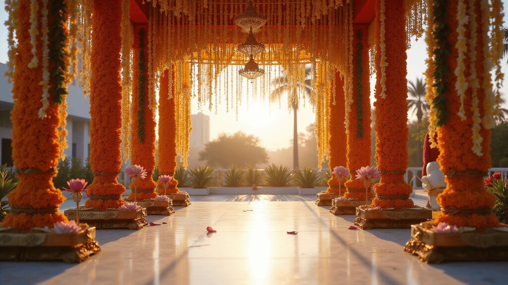A grand Indian wedding mandap adorned with vibrant marigold garlands, delicate jasmine strings, and floating pink lotus flowers, set at golden hour against a rich crimson and metallic gold backdrop, with intricate shadows on a white marble floor.