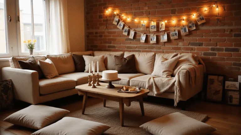 10 Unforgettable Small Birthday Party Ideas That Spark Joy Cozy living room during golden hour with an intimate birthday celebration, featuring a mid-century modern sofa, rustic coffee table with a simple white cake, vintage brass candlesticks, fairy lights, and a DIY birthday banner.