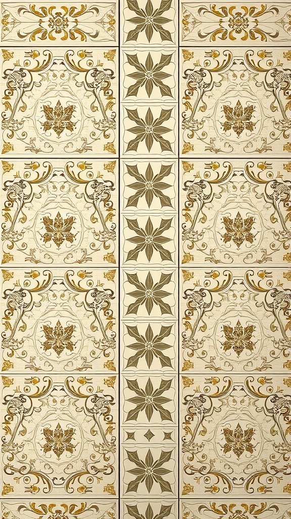 50 Stunning Coquette Wallpaper Designs to Transform Your Space Coquette wallpaper featuring intricate tile patterns with floral and geometric designs in soft neutrals and gold.