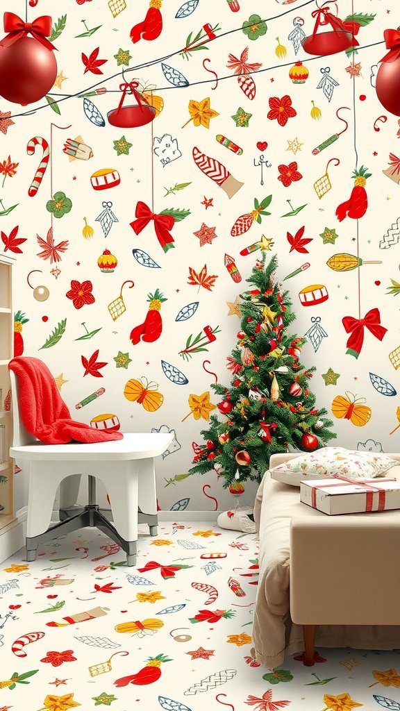 50 Stunning Coquette Wallpaper Designs to Transform Your Space Colorful and festive coquette wallpaper featuring holiday decorations in a cozy room.