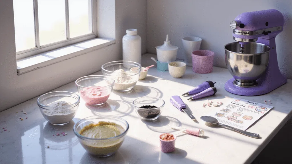 KUROMI BIRTHDAY CAKE: THE ULTIMATE KAWAII CELEBRATION DESSERT A photorealistic kitchen counter scene featuring a Kuromi-themed cake preparation setup with a pastel purple KitchenAid mixer, organized ingredients in glass bowls, decorating tools, and a recipe card, all illuminated by soft natural light.