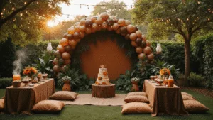 Unleash the Magic: Ultimate Lion King Birthday Party Guide A cinematic wide-angle view of a lush garden party inspired by the African savanna, featuring a "Pride Rock" backdrop, animal-print tables, a lion-themed cake, fairy lights, and warm amber lighting.