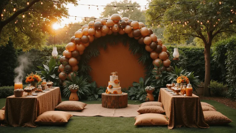 Unleash the Magic: Ultimate Lion King Birthday Party Guide A cinematic wide-angle view of a lush garden party inspired by the African savanna, featuring a "Pride Rock" backdrop, animal-print tables, a lion-themed cake, fairy lights, and warm amber lighting.