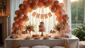 Magical First Birthday Girl Party: Ultimate Styling & Photography Guide A luxurious garden party setup for a first birthday celebration with a rose gold balloon arch, a Victorian-style dessert table featuring a blush ombré cake, macarons, and pink champagne truffles, surrounded by floral arrangements and a photo banner, all bathed in warm golden hour lighting.