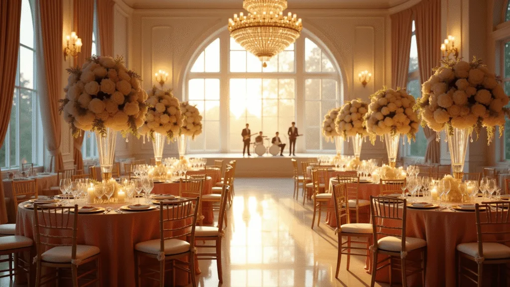 Unforgettable Wedding Reception Ideas: Your Ultimate Guide to a Jaw-Dropping Celebration A lavish ballroom wedding reception at golden hour, featuring crystal chandeliers, blush pink silk-draped tables with floral centerpieces, gold Chiavari chairs, and a polished marble dance floor reflecting warm sunset light, all captured in a photorealistic style.