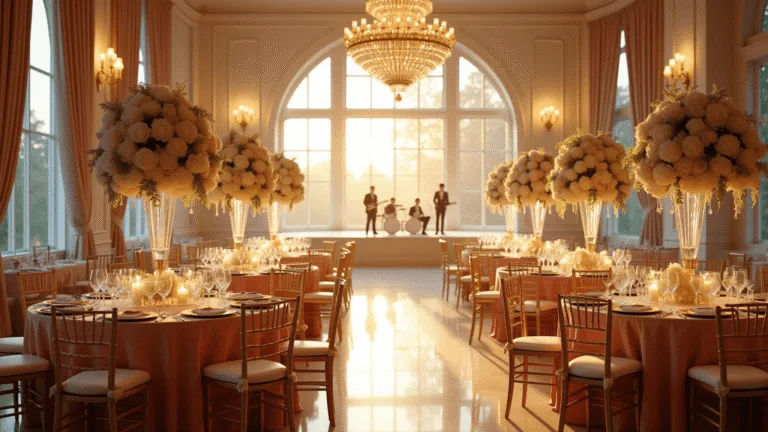 Unforgettable Wedding Reception Ideas: Your Ultimate Guide to a Jaw-Dropping Celebration A lavish ballroom wedding reception at golden hour, featuring crystal chandeliers, blush pink silk-draped tables with floral centerpieces, gold Chiavari chairs, and a polished marble dance floor reflecting warm sunset light, all captured in a photorealistic style.