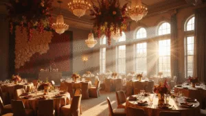 Best Flowers for November Weddings: Your Ultimate Guide to Stunning Autumn Blooms Cinematic wide-angle shot of a luxurious autumn wedding reception in a ballroom, featuring floral installations, round tables with dramatic centerpieces, warm golden light, and elegant table settings.
