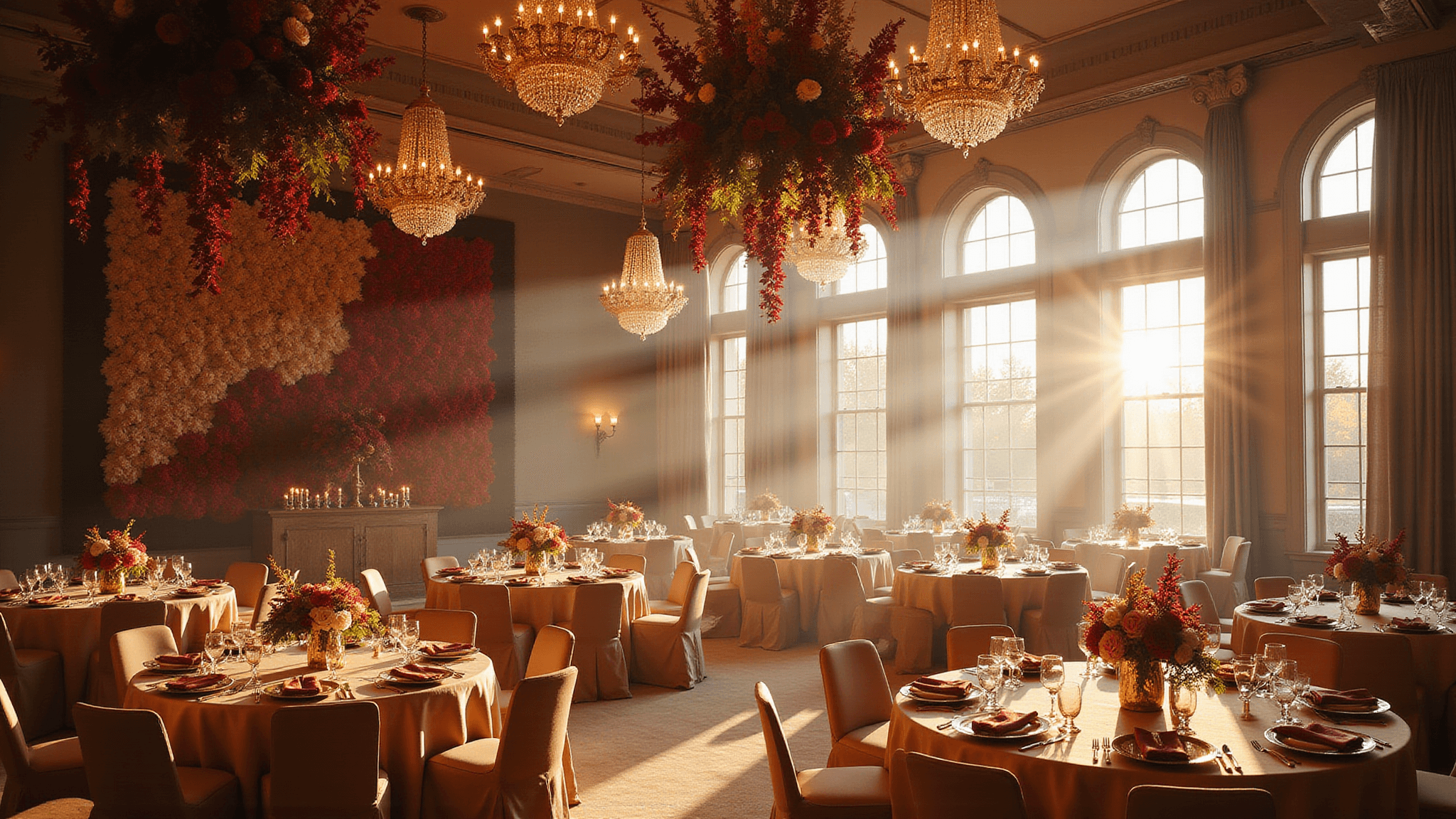 Cinematic wide-angle shot of a luxurious autumn wedding reception in a ballroom, featuring floral installations, round tables with dramatic centerpieces, warm golden light, and elegant table settings.