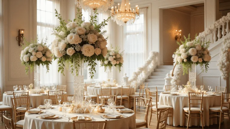 White Wedding Flowers: The Ultimate Guide to Timeless Elegance A stunning ballroom wedding reception featuring towering white floral centerpieces on elegantly set round tables, illuminated by soft golden hour light through large windows, with crystal chandeliers, cascading greenery, and white marble staircase adorned with floral garlands.