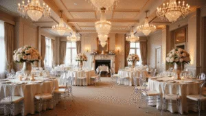 The Ultimate Guide to Planning Your Dream Wedding & Celebrations A grand ballroom wedding reception at golden hour, featuring ornate ceilings, crystal chandeliers, elegant round tables with floral centerpieces, ghost chairs, and a statement marble fireplace. Soft natural light enhances the refined atmosphere with champagne-colored drapery and professional lighting, captured in 8K resolution.