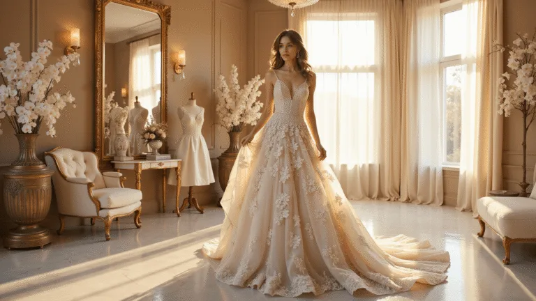 Blooming in Beauty: The Ultimate Guide to Floral Wedding Dresses Photorealistic bridal boutique interior at golden hour featuring a bride in an ivory and blush floral appliqué gown, surrounded by mirrors, luxurious decor, and soft natural light.