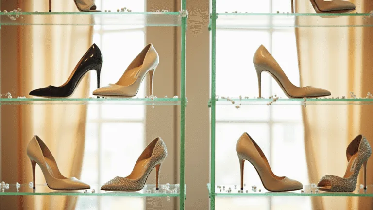 The Perfect Wedding Shoes: Your Complete Designer wedding shoes elegantly displayed in a luxury bridal boutique, featuring ivory satin Jimmy Choo pumps and crystal-embellished Badgley Mischka heels, under warm sunlight with pearl and lace accents.