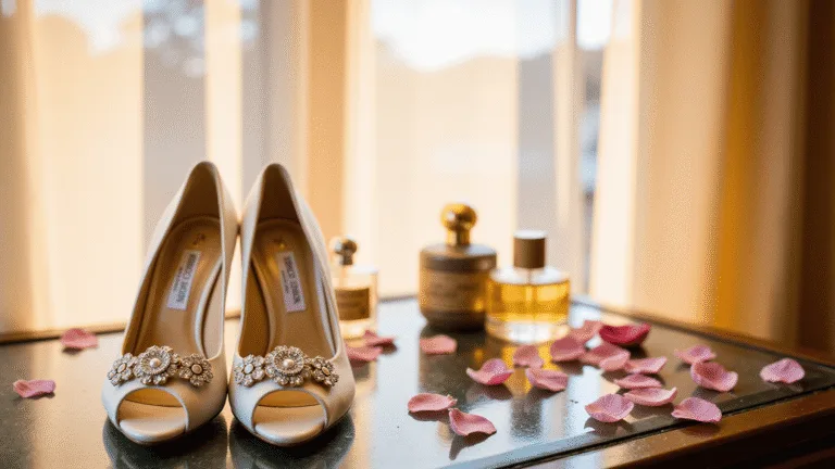 THE ULTIMATE GUIDE TO JIMMY CHOO WEDDING SHOES: MAKING YOUR WALK DOWN THE AISLE UNFORGETTABLE Close-up of elegant ivory Jimmy Choo bridal pumps on a mirrored vanity, surrounded by rose petals and vintage perfume bottles, illuminated by warm golden hour light.