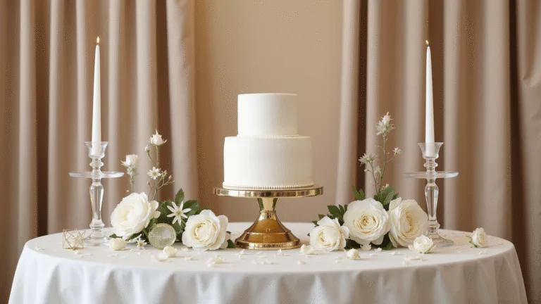 Ultimate Wedding Cake Table Guide: Design, Setup, and Styling Secrets A luxurious wedding cake display featuring a three-tier white cake on a mirrored gold stand, set on a pearl-white silk tablecloth, surrounded by crystal candleholders, fresh white flowers, and gold accents, all against a champagne-colored backdrop.