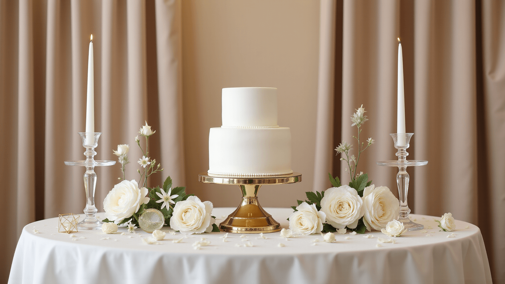 A luxurious wedding cake display featuring a three-tier white cake on a mirrored gold stand, set on a pearl-white silk tablecloth, surrounded by crystal candleholders, fresh white flowers, and gold accents, all against a champagne-colored backdrop.