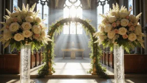 Wedding Altar Flowers: A Complete Style for Your Perfect Ceremony A grand cathedral wedding altar featuring towering crystal pedestals with lush floral arrangements in white and blush, illuminated by ethereal light from stained glass windows, highlighting intricate architectural details and creating a sparkling effect.