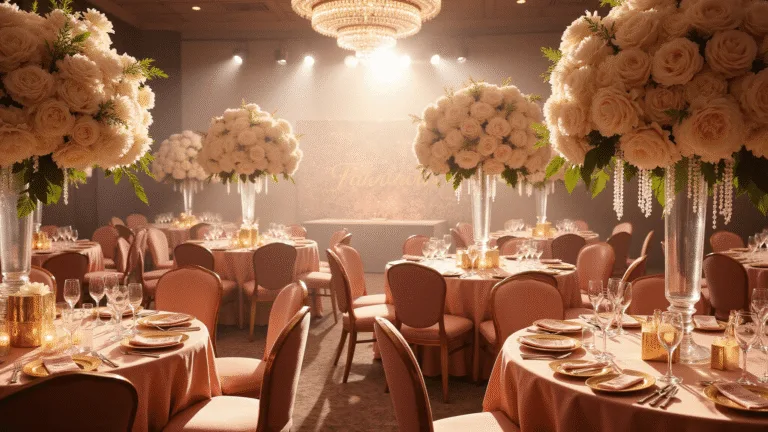 50 Unforgettable 50th Birthday Party Ideas for Women: Celebrating Half a Century in Style A glamorous ballroom celebration scene featuring blush pink silk-draped tables, illuminated crystal chandeliers, and towering white and pink flower arrangements. A professional makeup station with luxe velvet chairs, a shimmering champagne tower, and ornate place settings enhance the luxurious atmosphere. A flower wall backdrop with "50 & Fabulous" in gold lettering completes the elegant setting, captured in soft focus with warm tones and dreamy highlights.