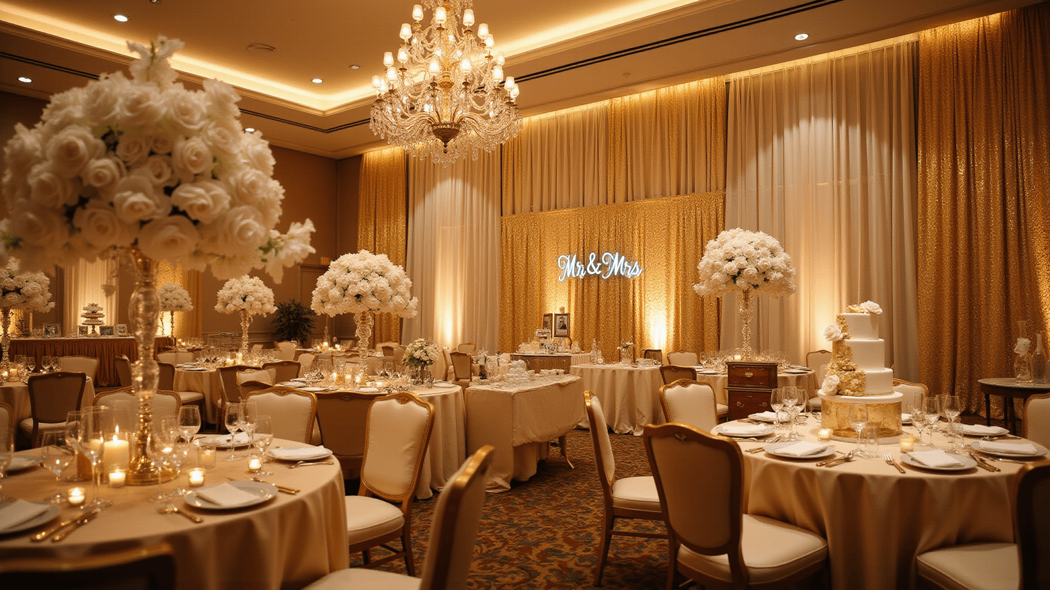 A lavish ballroom set for a 50th wedding anniversary celebration, featuring elegant tables with champagne silk linens, towering floral centerpieces, crystal chandeliers, and a grand entrance with a neon "Mr. & Mrs." sign, all bathed in warm golden light.