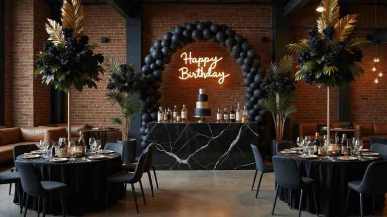 Epic Men's Birthday Party Decor: A Pro's Guide to Unforgettable Celebrations A sophisticated birthday party setup in an upscale industrial loft featuring black and gold decor, including velvet table linens, towering floral centerpieces, a neon "Happy Birthday" sign, and a luxurious three-tiered cake, all illuminated by ambient lighting.